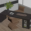 Modern Wooden Desk Chair Set With Brown Chairs Green Plant Tray And Books