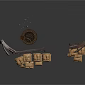 3D Rendered Scene With Two Wooden Shelves And Stacked Sandbags Arrangement