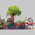 Colorful Cartoon Scene Featuring Cute Penguins Monster Character Green Tree And Flowers
