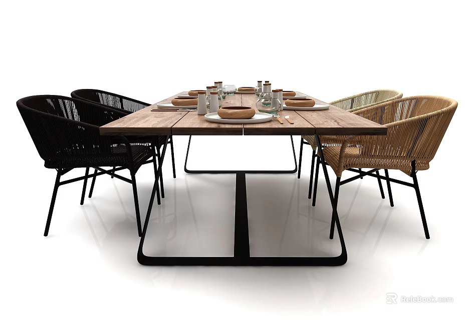 Modern Wooden Dining Table Set With Rattan And Black Metal Chairs And Tableware 3d model 