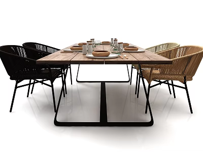 Modern Wooden Dining Table Set With Rattan And Black Metal Chairs And Tableware 3d model