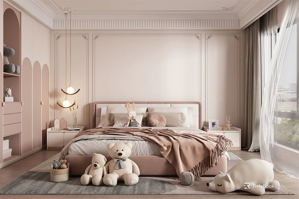 Cozy Kids Room Interior With Pastel Pink Walls Soft Bed Stuffed Bears And Plush Rug 3d model 