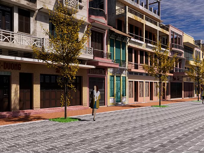 Traditional Arcade Street With Pedestrian And Historic Buildings 3d model