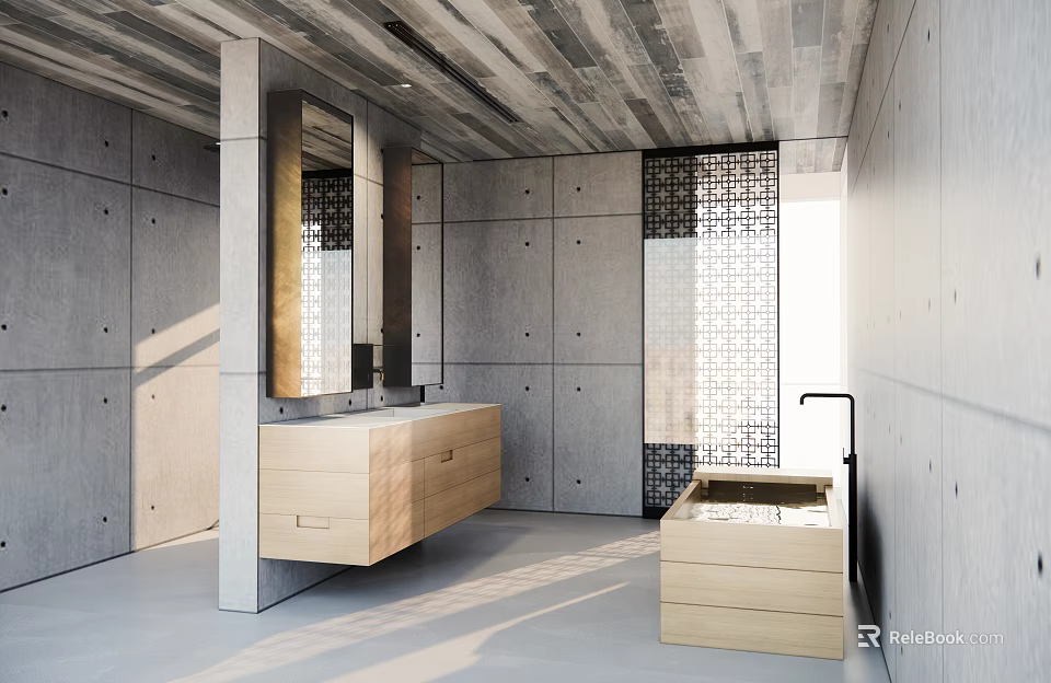 Modern Bathroom Interior With Concrete Walls Wooden Vanity Marble Countertop Built-in Mirror And Natural Light 3d model 