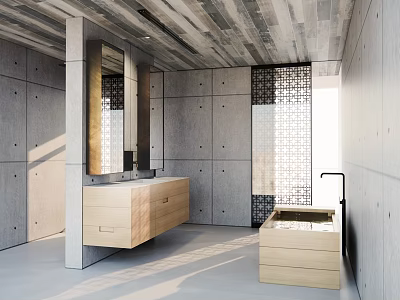 Modern Bathroom Interior With Concrete Walls Wooden Vanity Marble Countertop Built-in Mirror And Natural Light 3d model