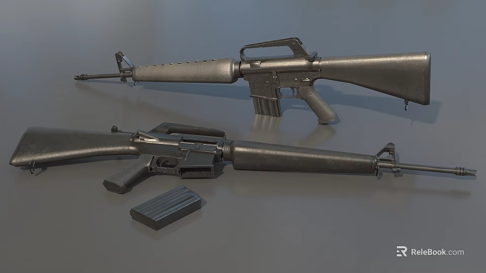 Two Metal Military Rifles With Detachable Magazine On Gray Surface 3d model 