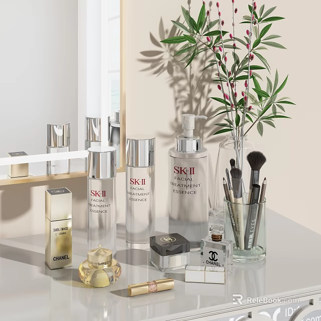 Luxury Perfume Cosmetics Collection With SKII CHANEL Bottles Makeup Brushes And Plants 3d model 