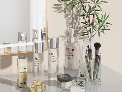 Luxury Perfume Cosmetics Collection With SKII CHANEL Bottles Makeup Brushes And Plants 3d model