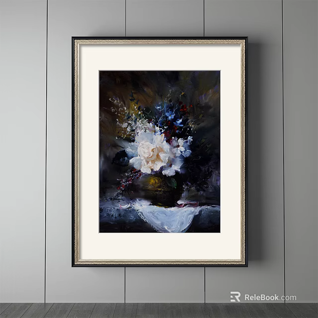 Framed Botanical Floral Painting With Vase Of White Flowers And Tablecloth 3d model 