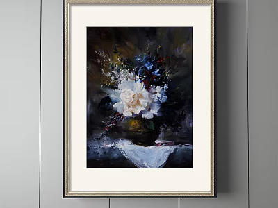 Framed Botanical Floral Painting With Vase Of White Flowers And Tablecloth 3d model
