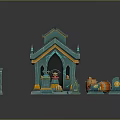 Teal Small Building With Brown Roof Spires Fence Tombstones And Barrel