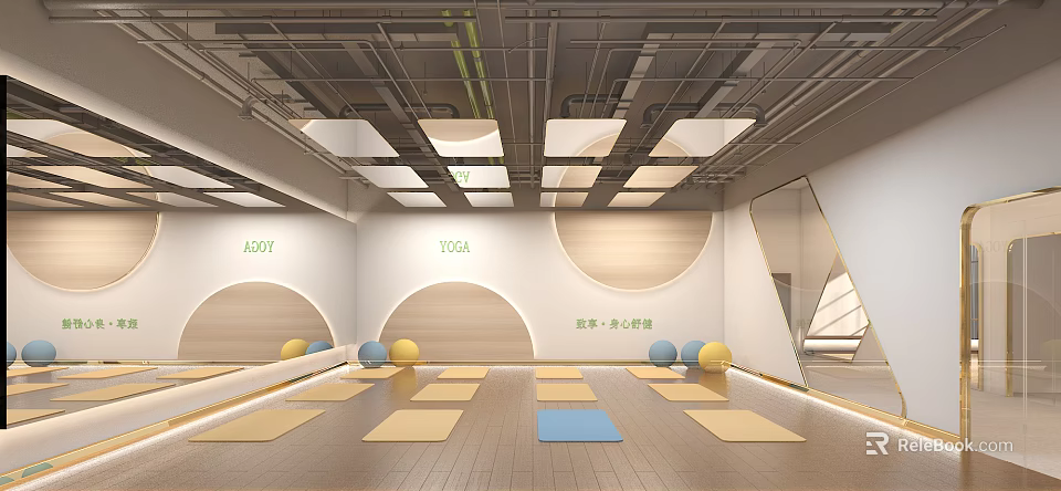 Spacious Bright Yoga Studio Interior With Mirrors Wooden Floors Colorful Yoga Mats And Balls 3d model 