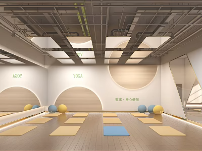 Spacious Bright Yoga Studio Interior With Mirrors Wooden Floors Colorful Yoga Mats And Balls 3d model