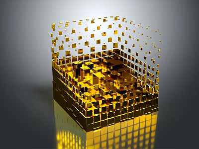 Golden Cube Structure With Small Square Patterns And Reflective 3D Surface 3d model