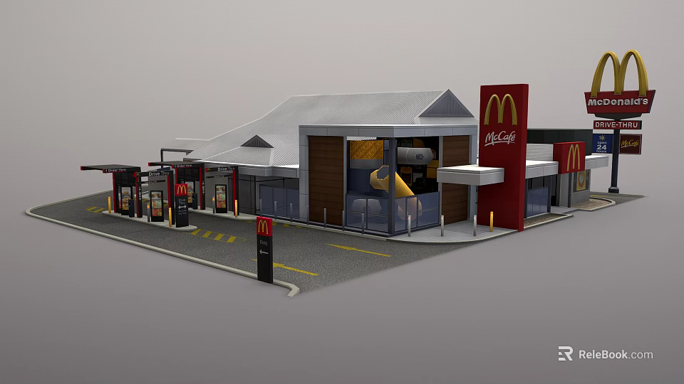 Modern McDonald's Restaurant Building Exterior Featuring Coca Cola Signage And Drive Thru Lane 3d model 