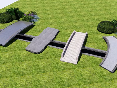 Multiple Landscape Bridges With Stone And Brick Designs In Green Lawn Garden 3d model