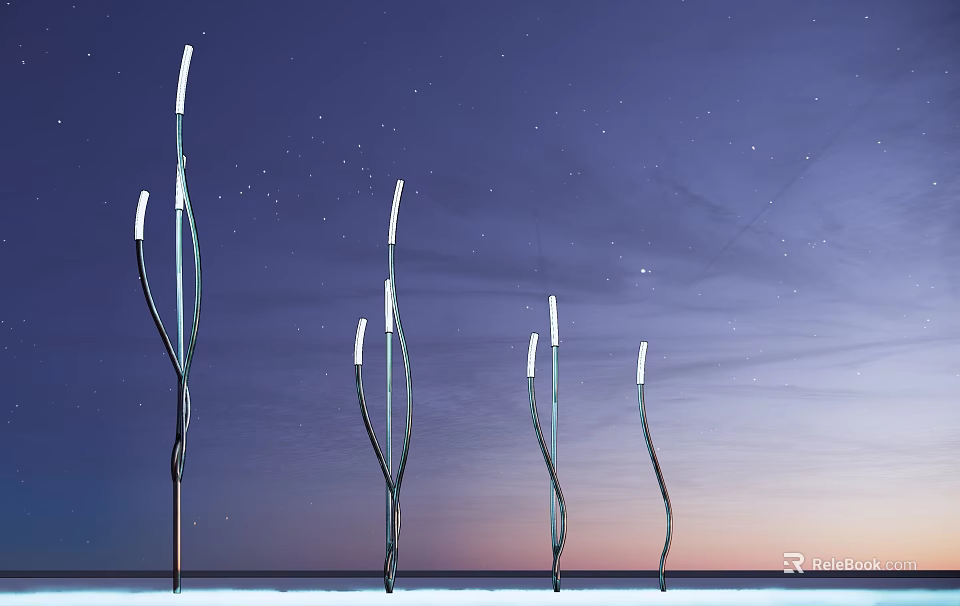 Modern Outdoor Lights with Curved Poles and White Glow in Starry Night Scene 3d model 