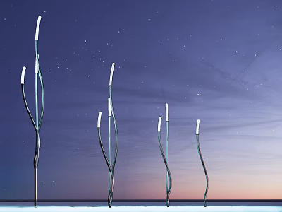 Modern Outdoor Lights with Curved Poles and White Glow in Starry Night Scene 3d model