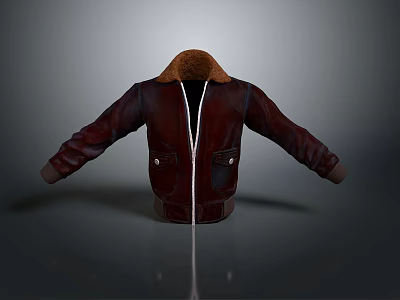 Classic Red Leather Jacket With Brown Collar Zipper And Pockets 3d model