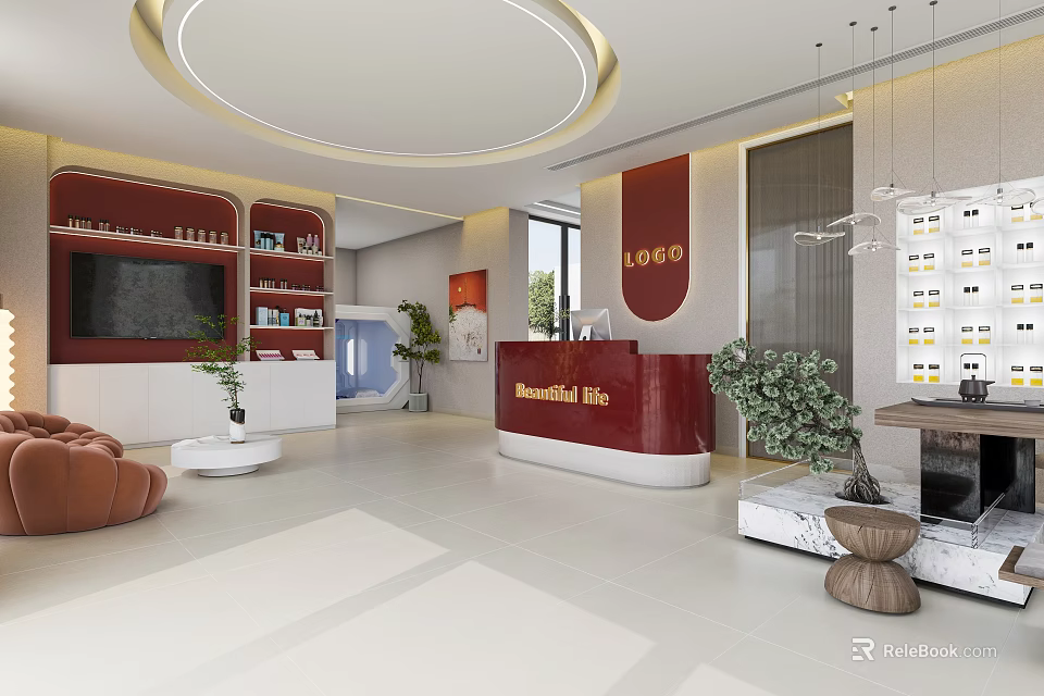 SPA Sauna Luxury Interior Design With Modern Relaxation Space And Decorative Plants 3d model 