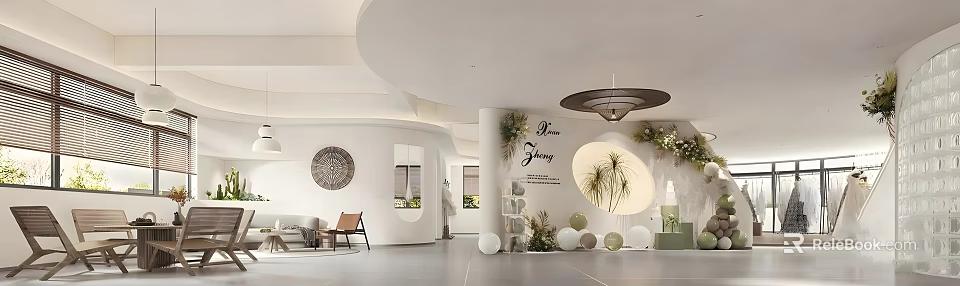 Modern Bridal Shop Interior With White Curved Walls Green Plants And Comfortable Seating 3d model 