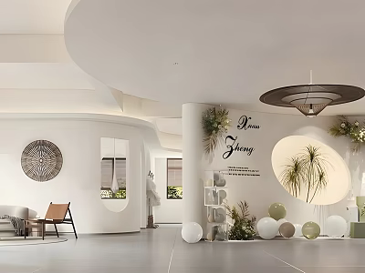 Modern Bridal Shop Interior With White Curved Walls Green Plants And Comfortable Seating 3d model