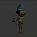 Mechanical Robot With Blue Hat And Large Goggles Holding Tray With Lit Candle