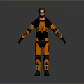 Game Movie Character In Orange Black Combat Suit With Mechanical Details And Standing Pose
