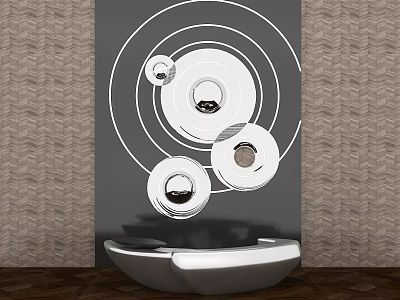 Modern Curved Front Desk Reception With Gray Background Wall White Circular Patterns And Woven Texture 3d model