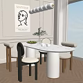White Round Dining Table Set With Beige Black Chairs Green Plants And Chandelier