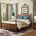 Wooden Double Bed with Blue Cushions Nightstands Table Lamps Decorative Painting and Area Rug