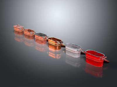 Colorful Square Tableware Set With Copper Silver Red Handles And Reflective Finish Arranged In Row 3d model