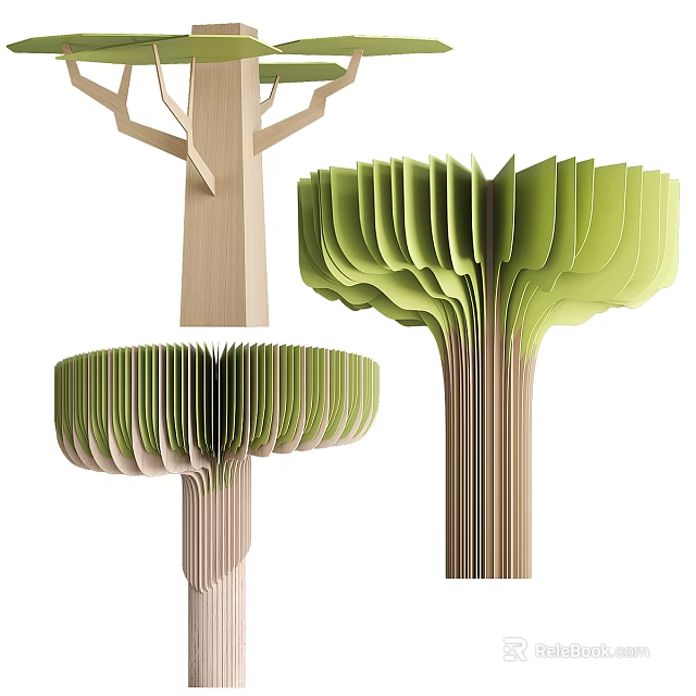 Artistic Tree Inspired Pillars With Folded Green Leaf And Wooden Structure Design 3d model