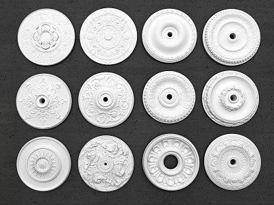 Decorative White Ceiling Medallions With Various Intricate Patterns And Styles For Lighting Fixtures 3d model