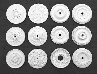 Decorative White Ceiling Medallions With Various Intricate Patterns And Styles For Lighting Fixtures 3d model