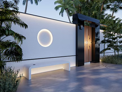 Modern Security Door Design For Garden Courtyard With Circular Light And Lush Greenery 3d model