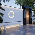 Modern Security Door Design For Garden Courtyard With Circular Light And Lush Greenery