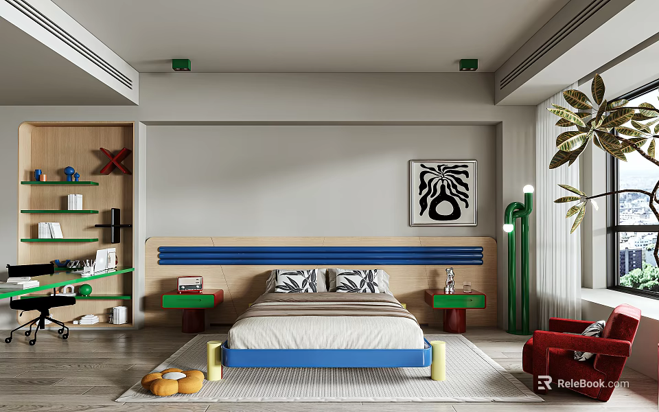 Modern Bedroom Interior With Blue Headboard Bed Green Nightstands Artwork Rug And Plant 3d model 