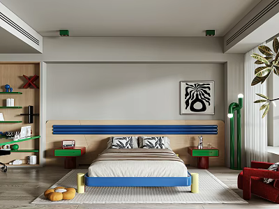 Modern Bedroom Interior With Blue Headboard Bed Green Nightstands Artwork Rug And Plant 3d model