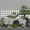 Japanese Style Garden Ornament with Bonsai Pine Tree Stones and Lantern Near Circular Perforated Wall