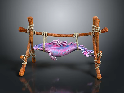 Purple and pink fish hanging on wooden structure made with sticks and ropes 3d model