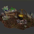 Outdoor Cooking Scene With Hanging Cauldron Wooden Table Bottles Flowers And Grass