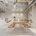Modern Dessert Shop Interior with Bright Lighting Wooden Tables and Cozy Seating Area