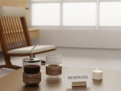 Table With Coffee Cups Reserved Sign Candle And Wooden Chair By Window 3d model