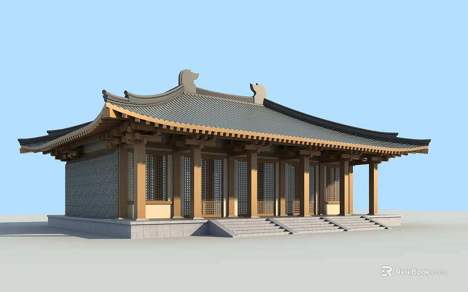 Traditional Chinese Ancient Architecture With Overhanging Eaves Tile Roof Wooden Columns Stone Base Steps 3d model 