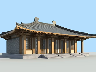 Traditional Chinese Ancient Architecture With Overhanging Eaves Tile Roof Wooden Columns Stone Base Steps 3d model