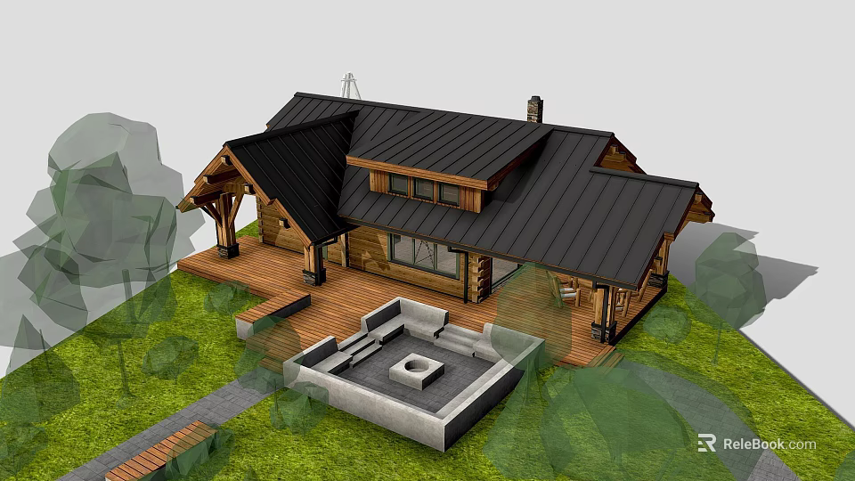 Single Family House With Wooden Structure Black Roof Patio And Grass Courtyard Area 3d model 