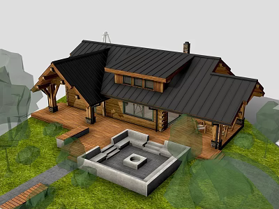 Single Family House With Wooden Structure Black Roof Patio And Grass Courtyard Area 3d model