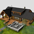 Single Family House With Wooden Structure Black Roof Patio And Grass Courtyard Area