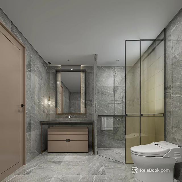 Elegant Modern Hotel Bathroom With Marble Walls Glass Shower Vanity And Smart Toilet 3d model 